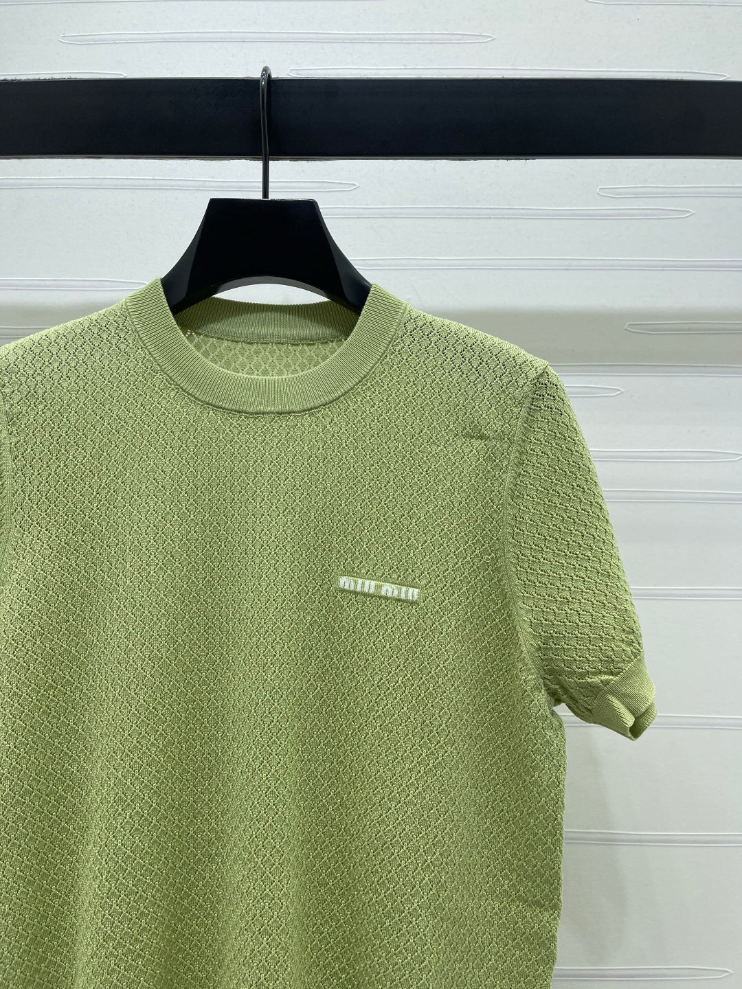 Miumiu 2026 Crew Neck Knit Short-Sleeve Shirt with Letter Logo Tencel