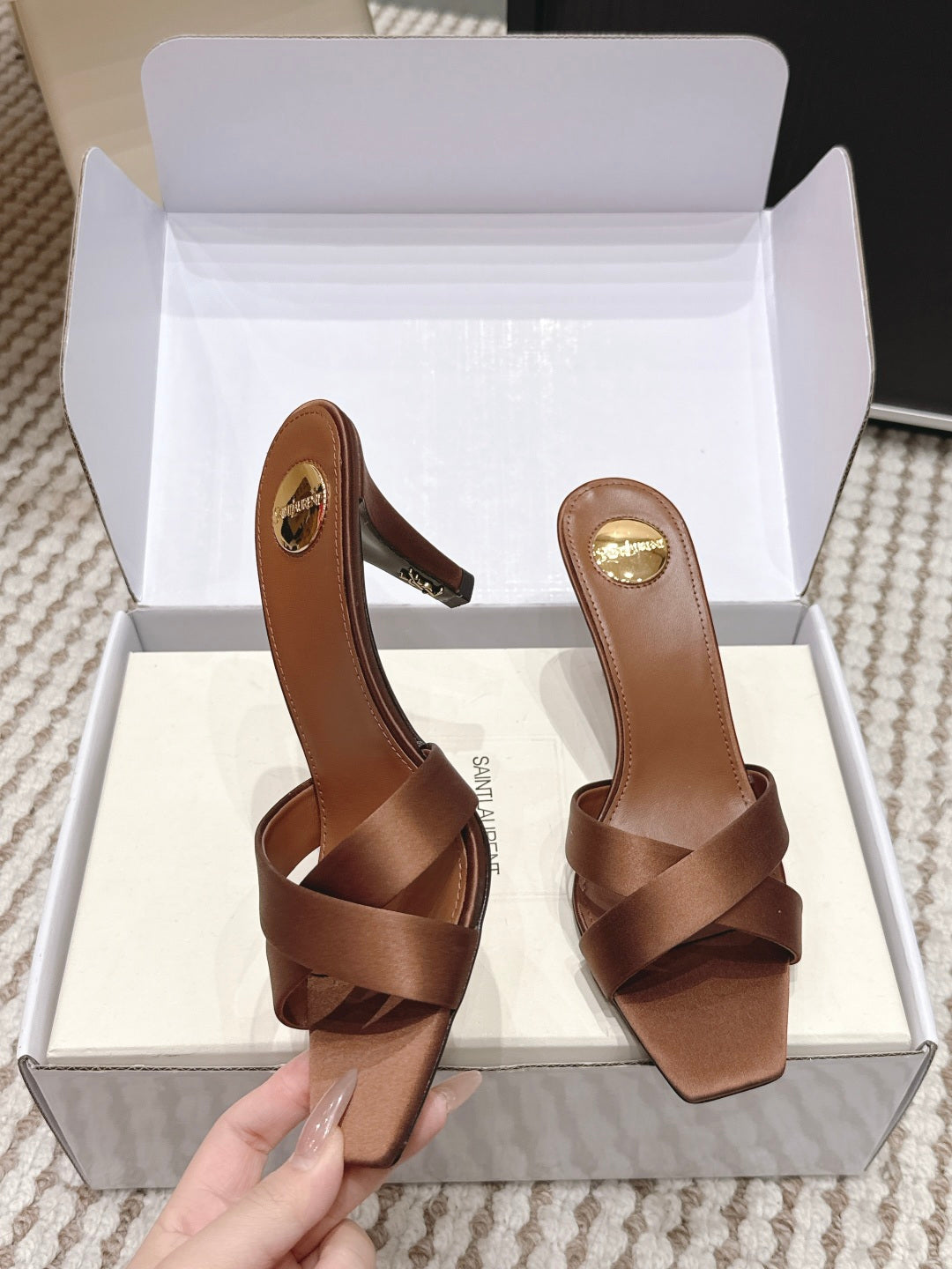 YSL 26ss High-Heeled Mules 75 Satin Leather