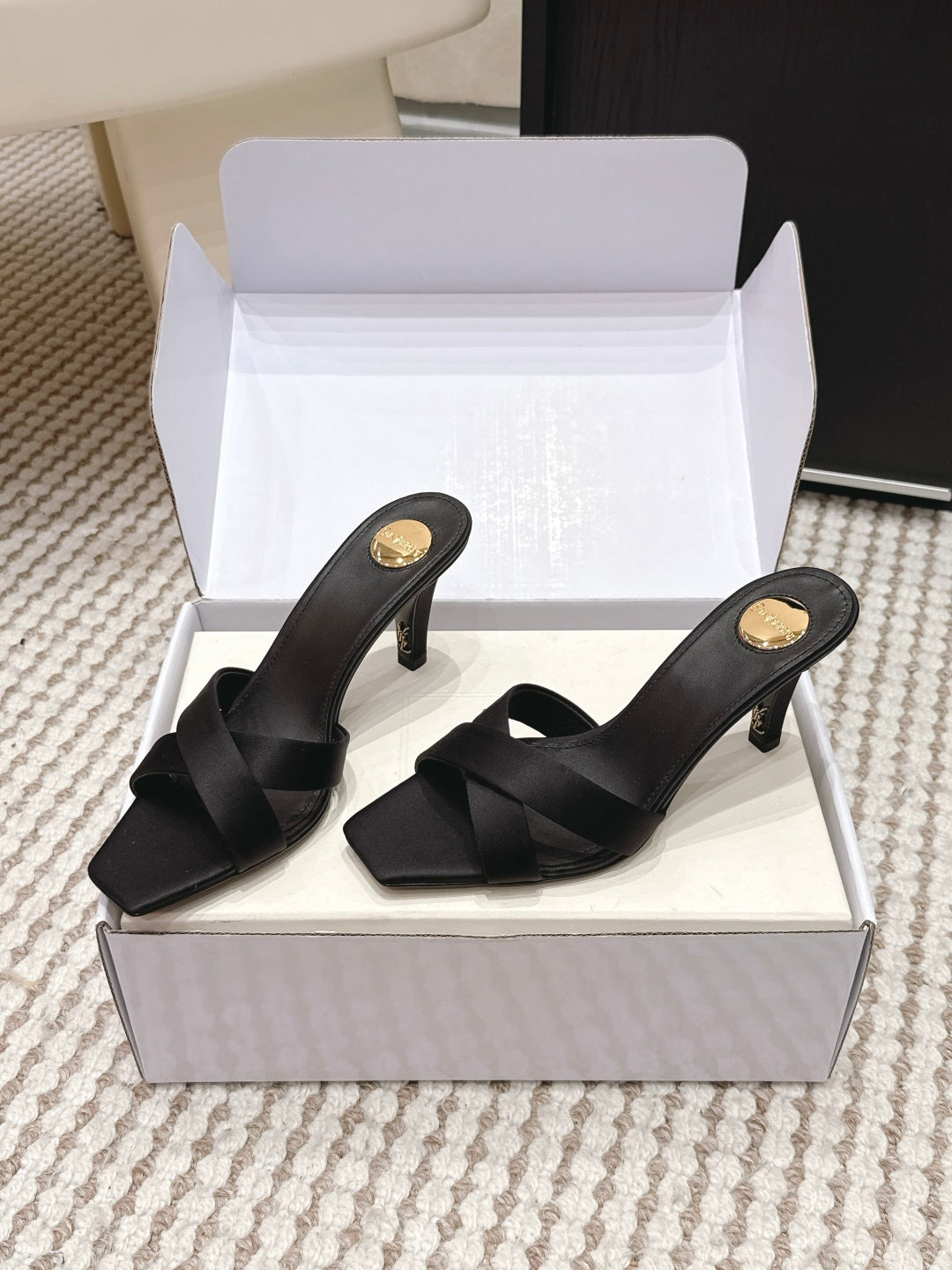 YSL 26ss High-Heeled Mules 75 Satin Leather