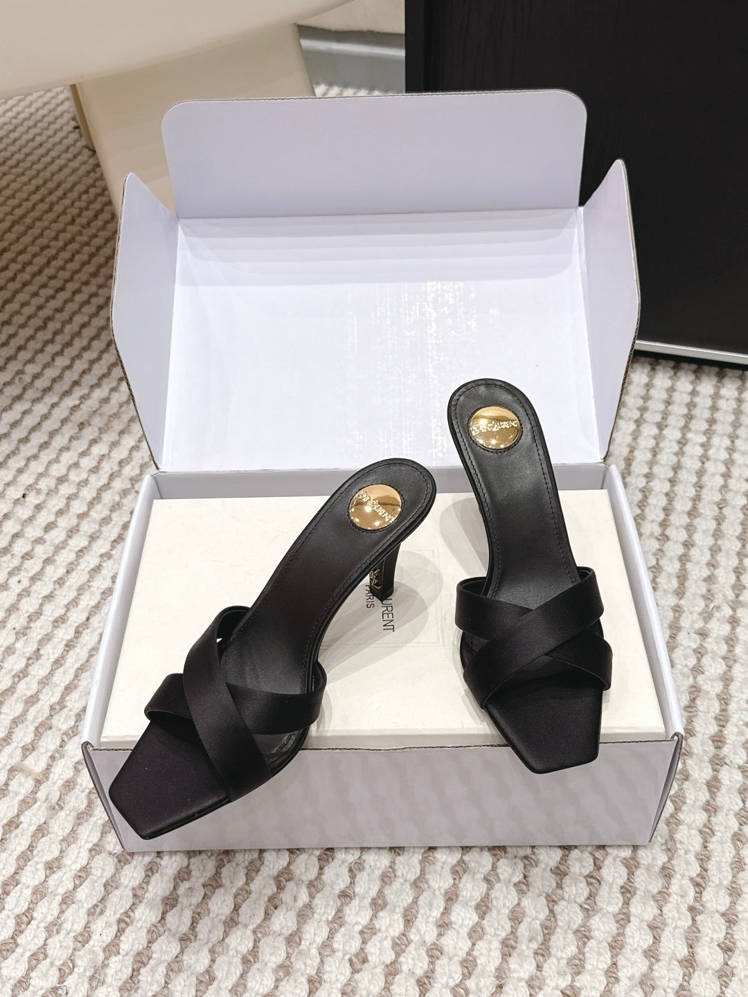YSL 26ss High-Heeled Mules 75 Satin Leather