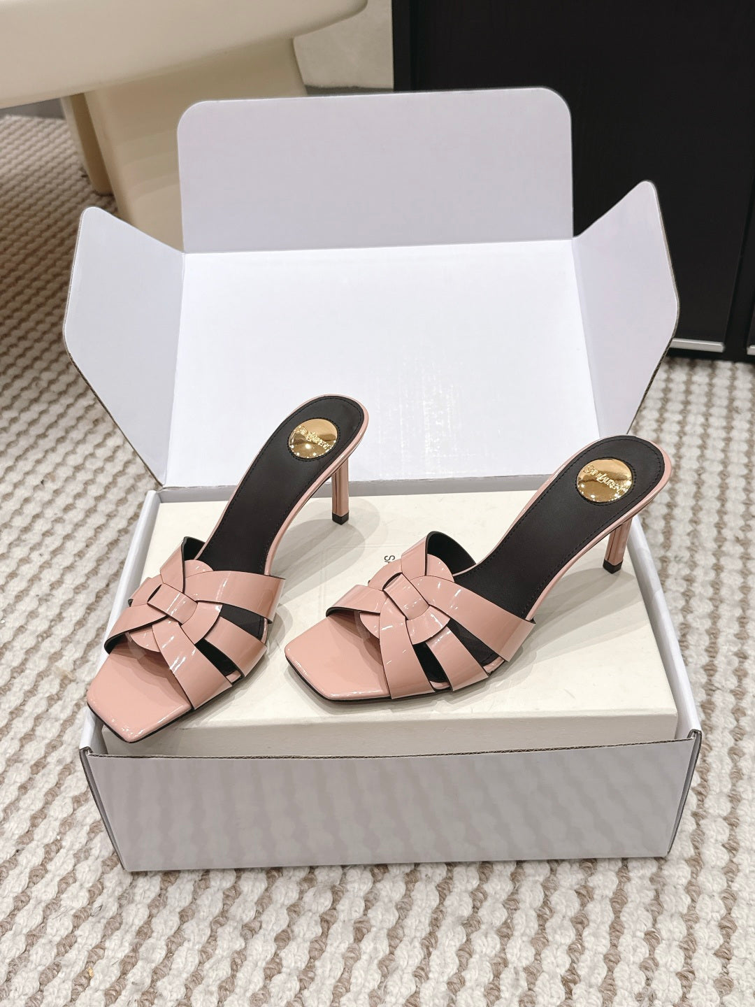 YSL 26ss High-Heeled Slippers 75  Patent Leather