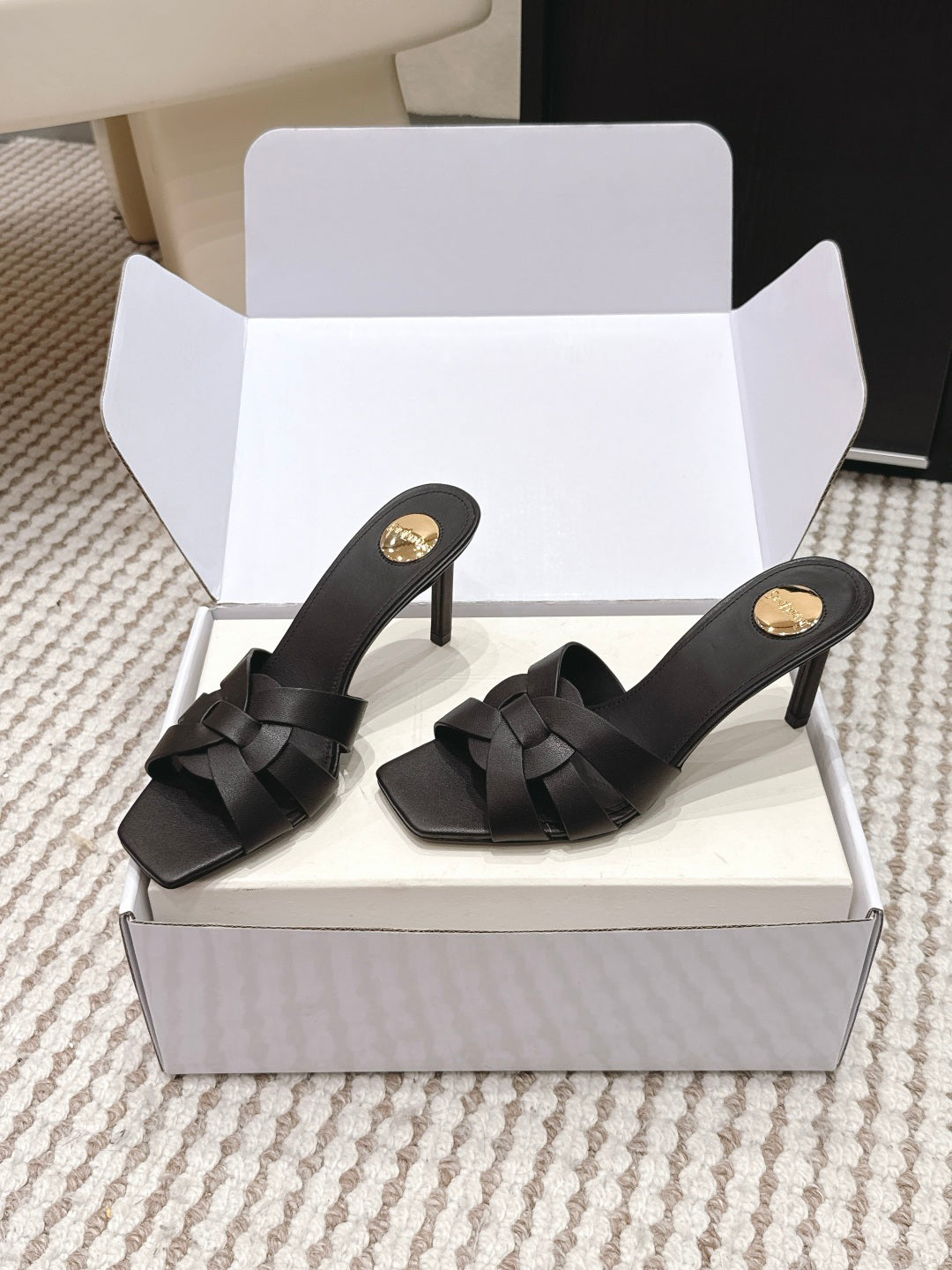 YSL 26ss High-Heeled Slippers 75 Calfskin