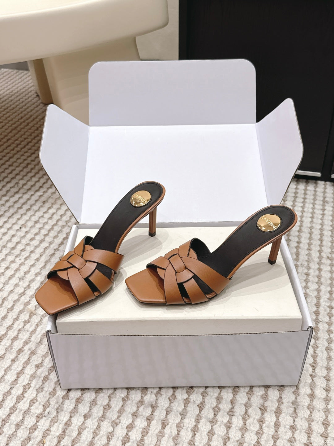 YSL 26ss High-Heeled Slippers 75 Calfskin
