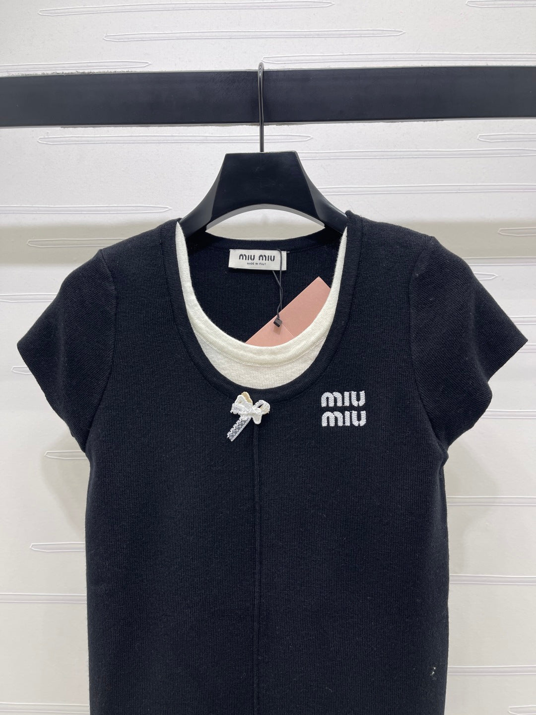 Miumiu 2026 Faux Two-piece Round Neck Knit Short-sleeved Top Wool 344359