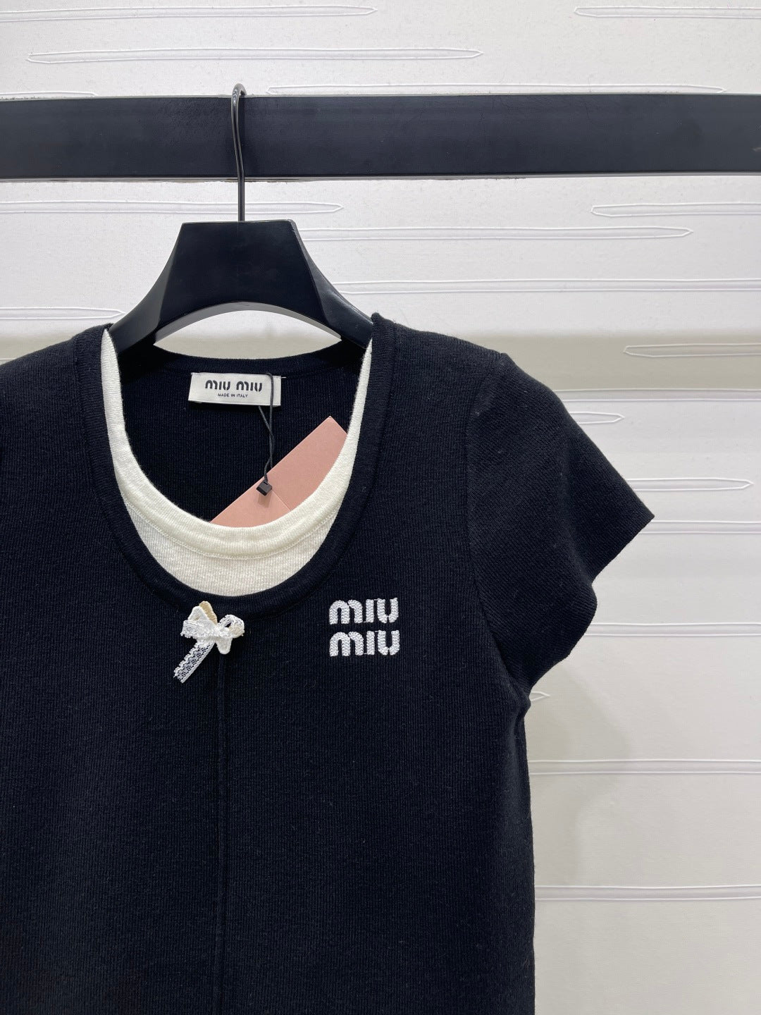Miumiu 2026 Faux Two-piece Round Neck Knit Short-sleeved Top Wool 344359
