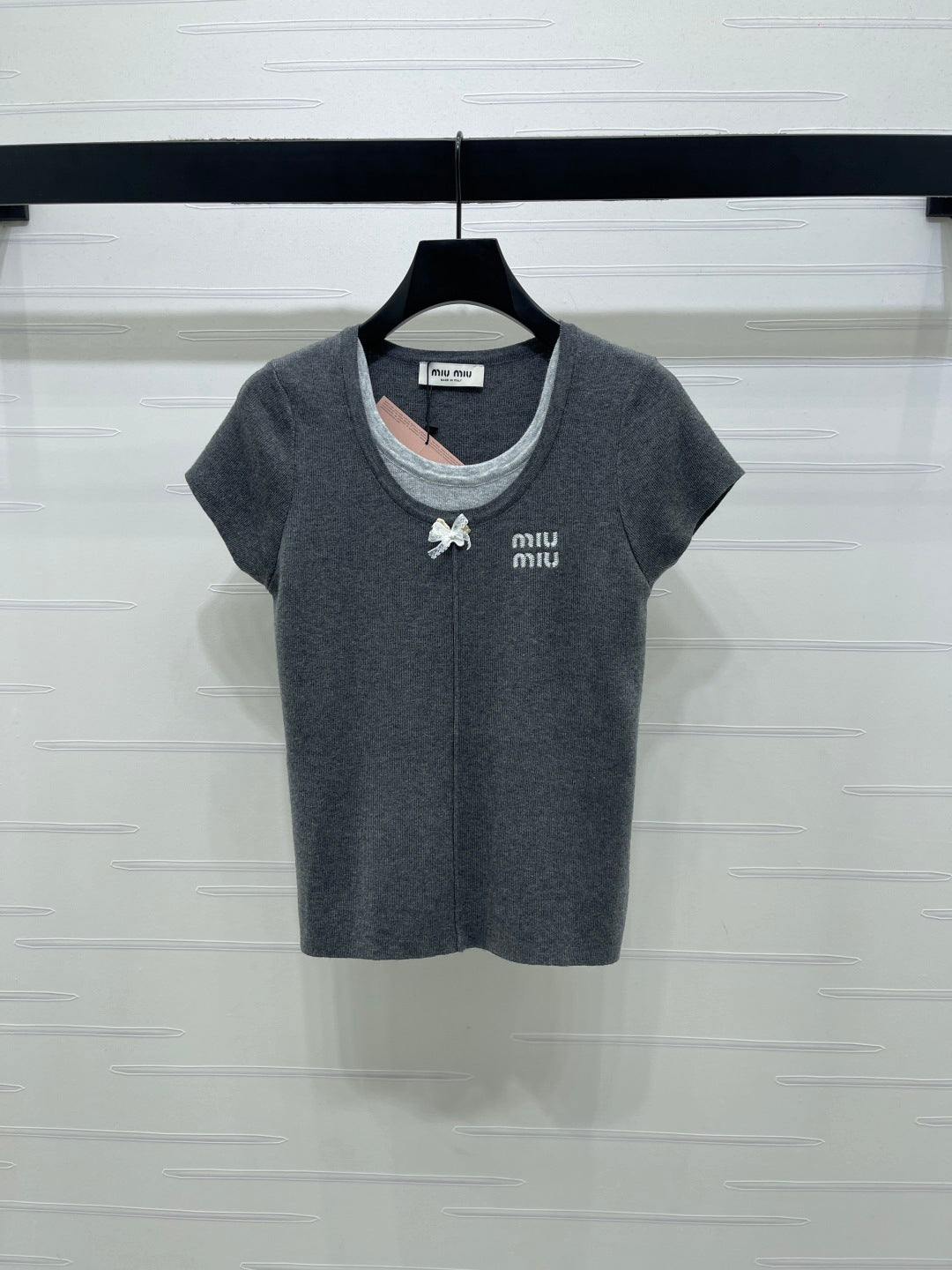 Miumiu 2026 Faux Two-piece Round Neck Knit Short-sleeved Top Wool 344359
