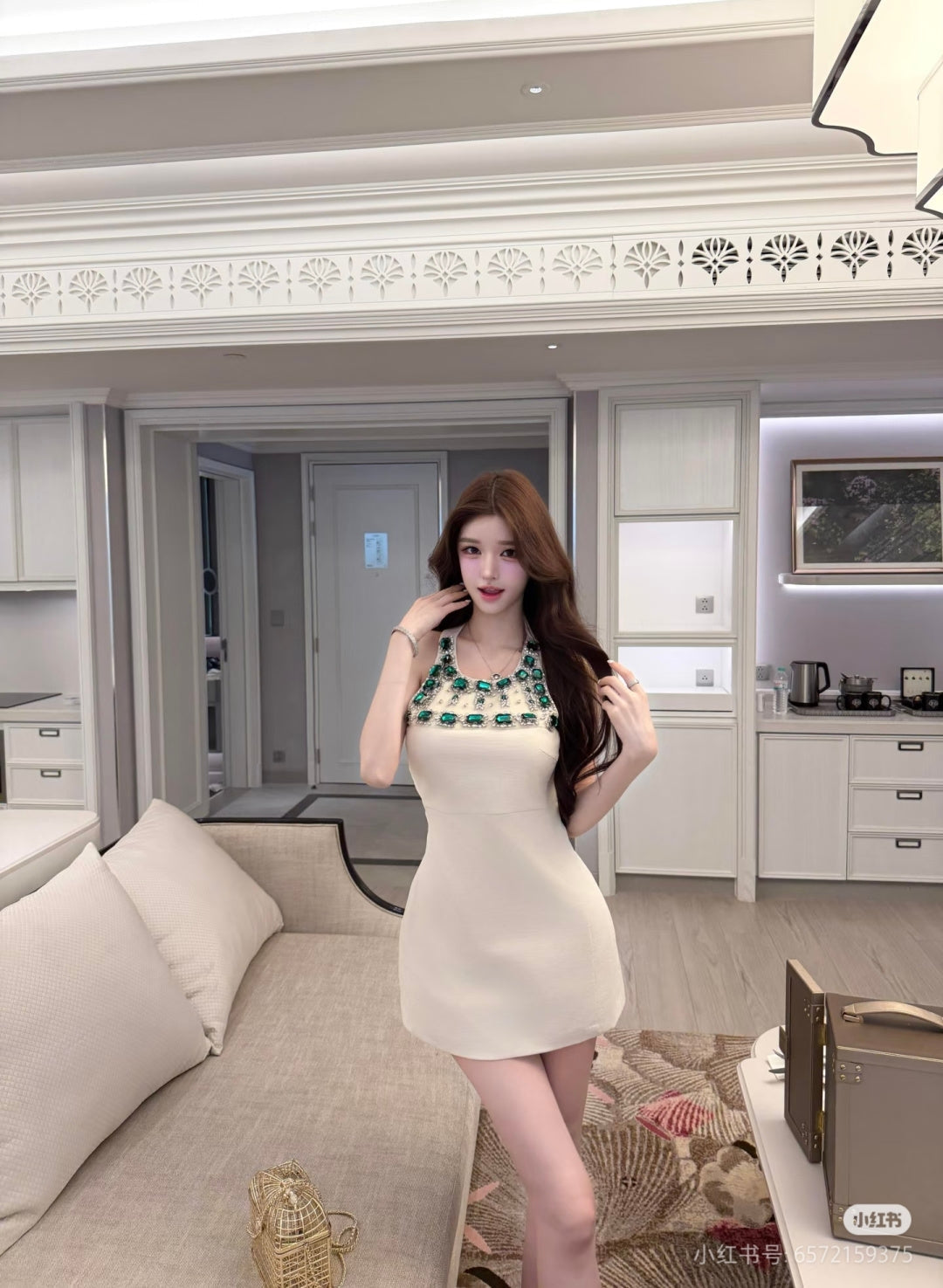 Miumiu 2026 Rhinestone Dress Cream Green Cotton