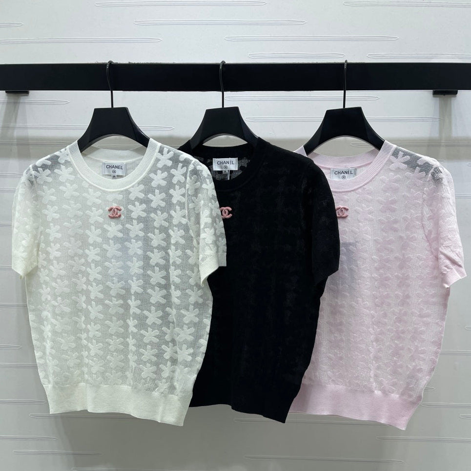 Chanel 2026 Floral Pattern Knit Short-Sleeve T-Shirt Wool 355636