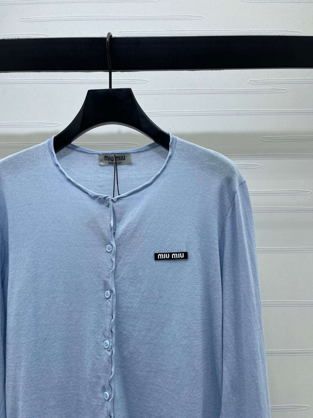 Miumiu 2026 Crew Neck Knit Long-Sleeve Cardigan White and Blue Cotton 356469