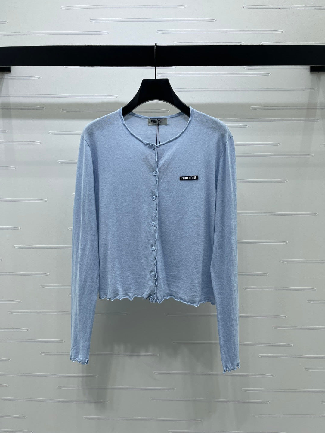 Miumiu 2026 Crew Neck Knit Long-Sleeve Cardigan White and Blue Cotton 356469