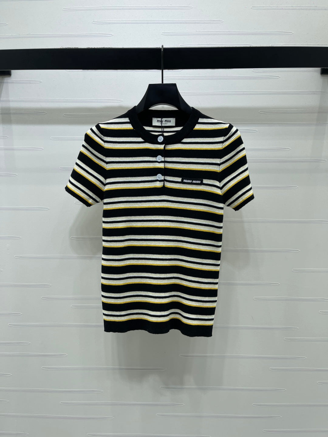 Miumiu 2026 Striped Knit Short-sleeved Top Cream and Black Wool Tencel 356453