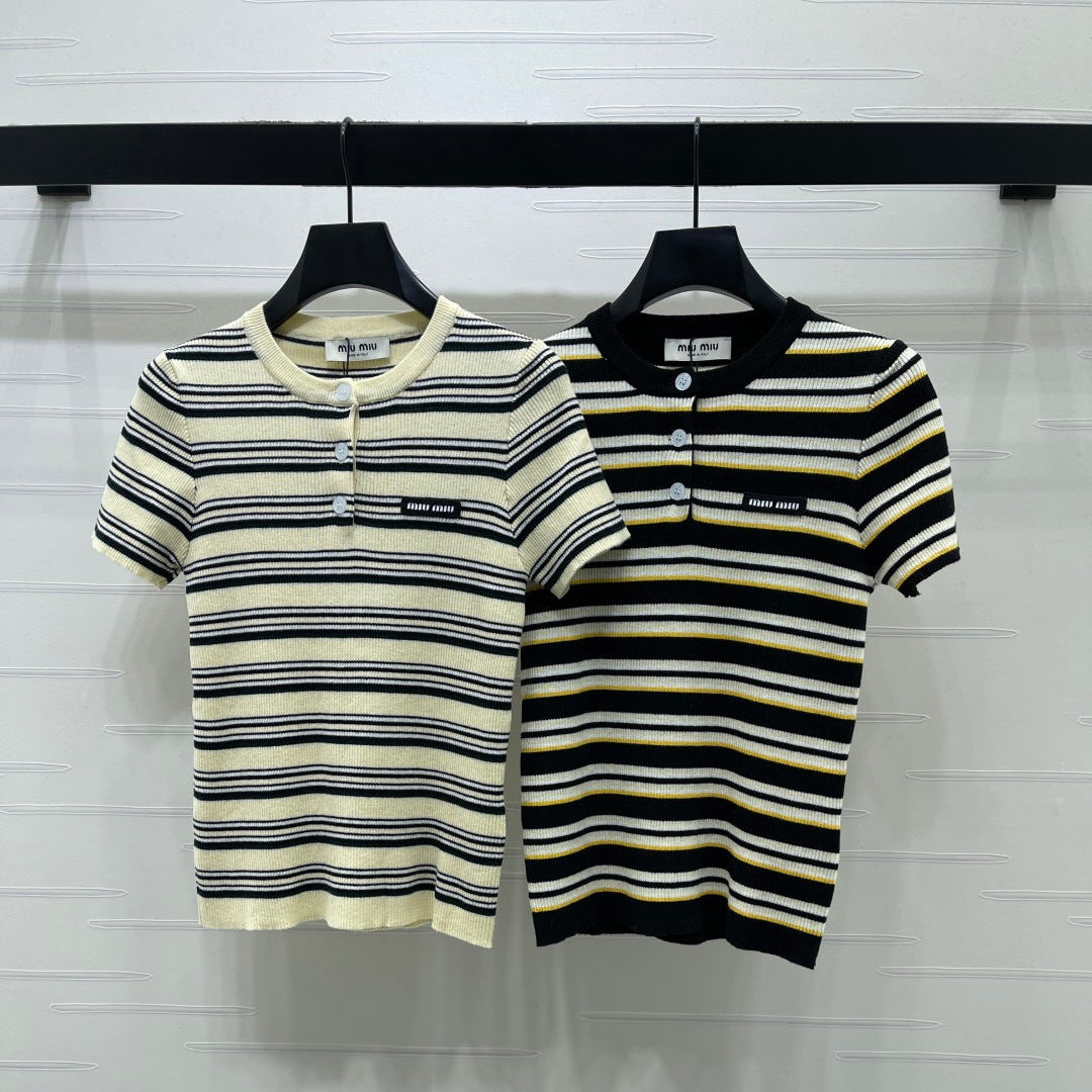 Miumiu 2026 Striped Knit Short-sleeved Top Cream and Black Wool Tencel 356453