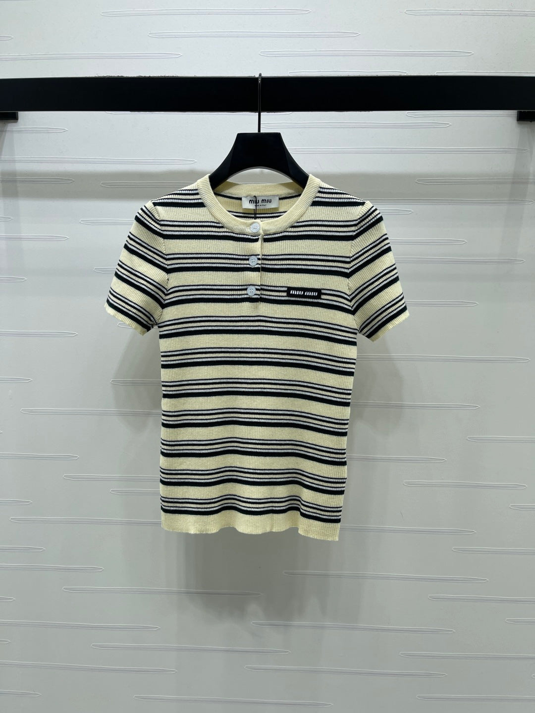 Miumiu 2026 Striped Knit Short-sleeved Top Cream and Black Wool Tencel 356453