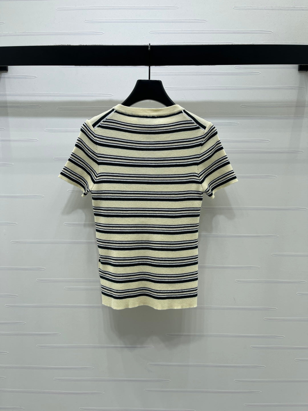 Miumiu 2026 Striped Knit Short-sleeved Top Cream and Black Wool Tencel 356453