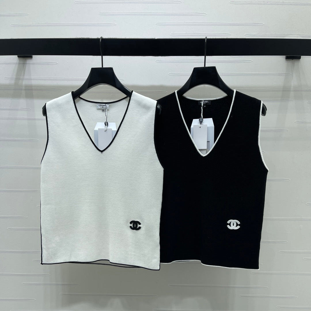 Chanel 2026Knitted V-neck Vest Black White Cotton 356406