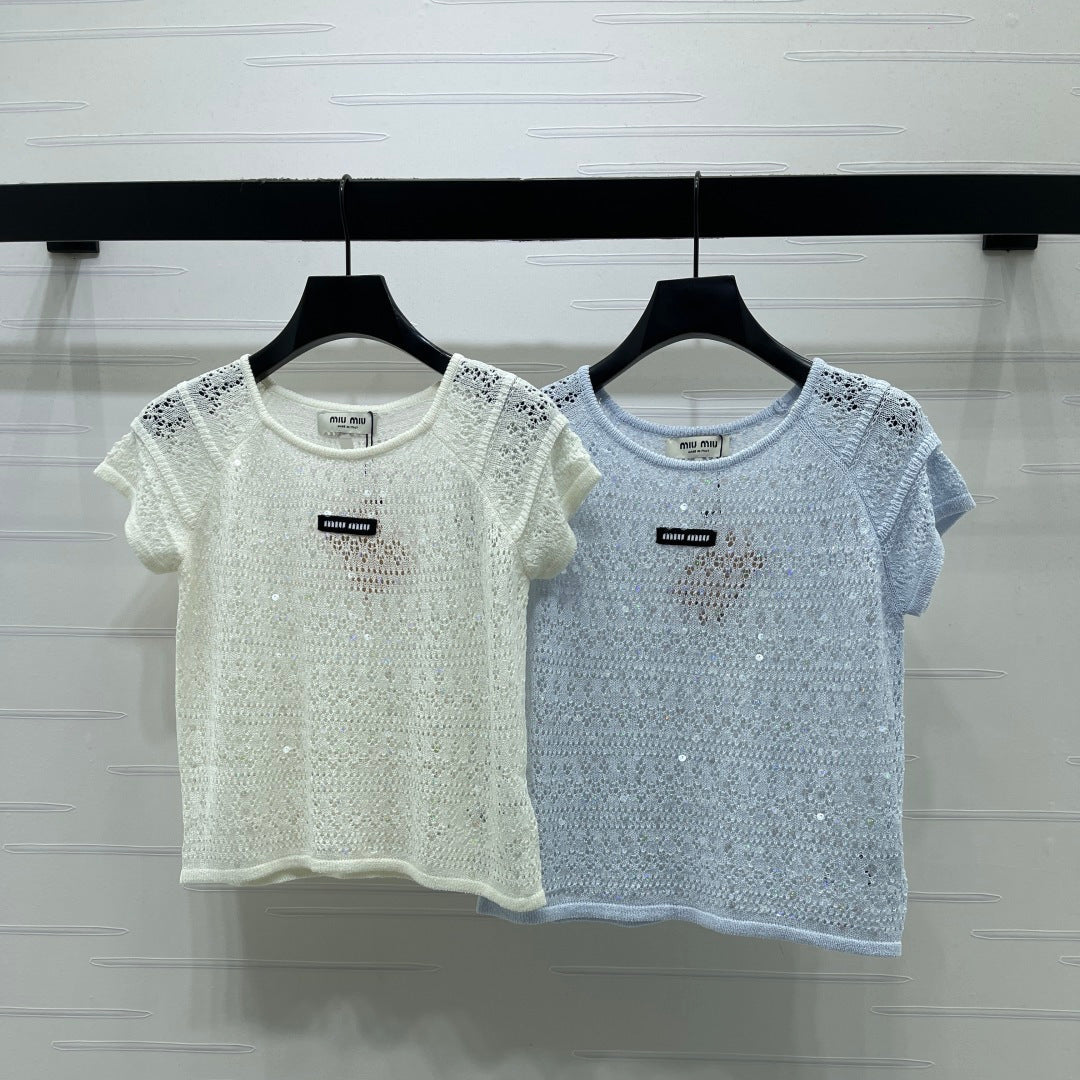 Miumiu 2026 Hollowed-out Knit Top Blue White Wool Polyester