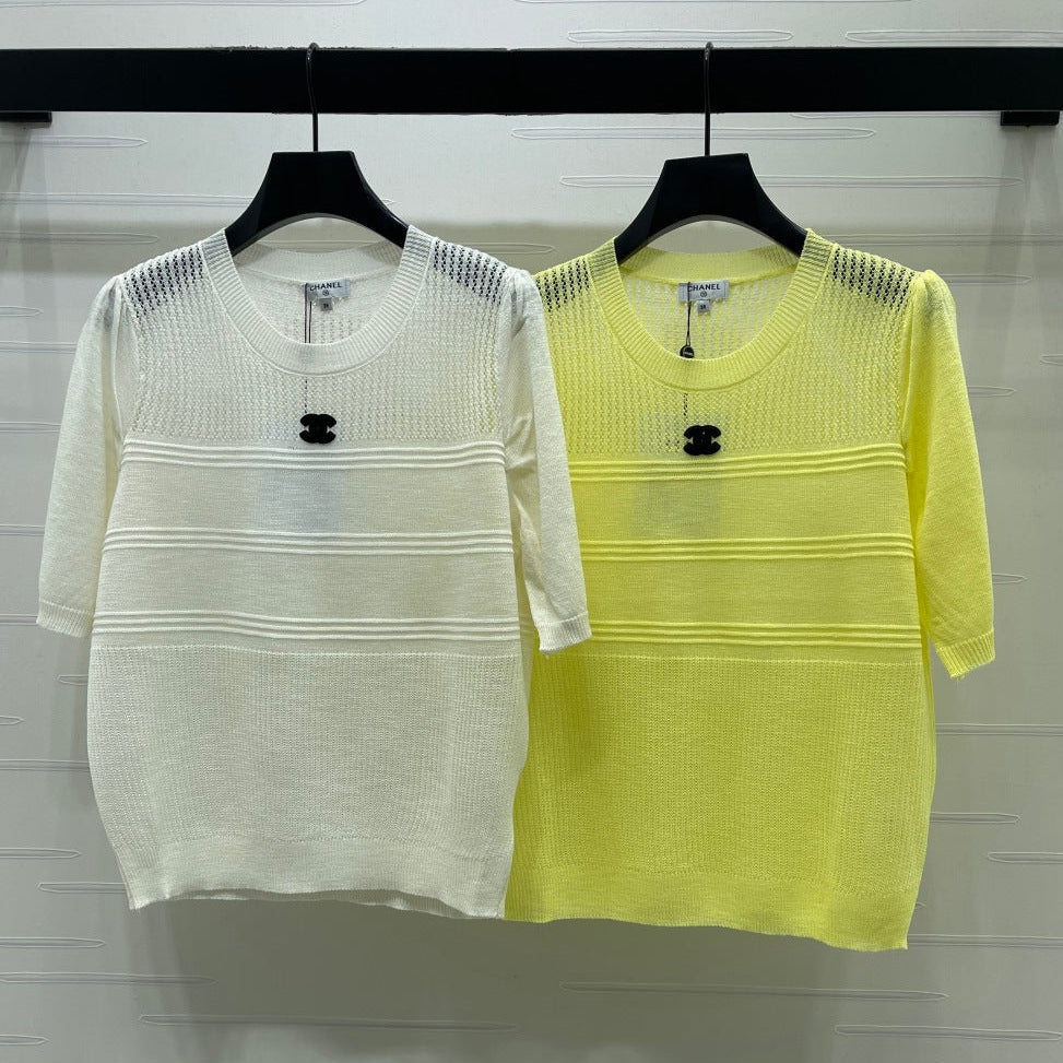Chanel  2026 Hollow Short-sleeved Shirt Yellow and White Cotton