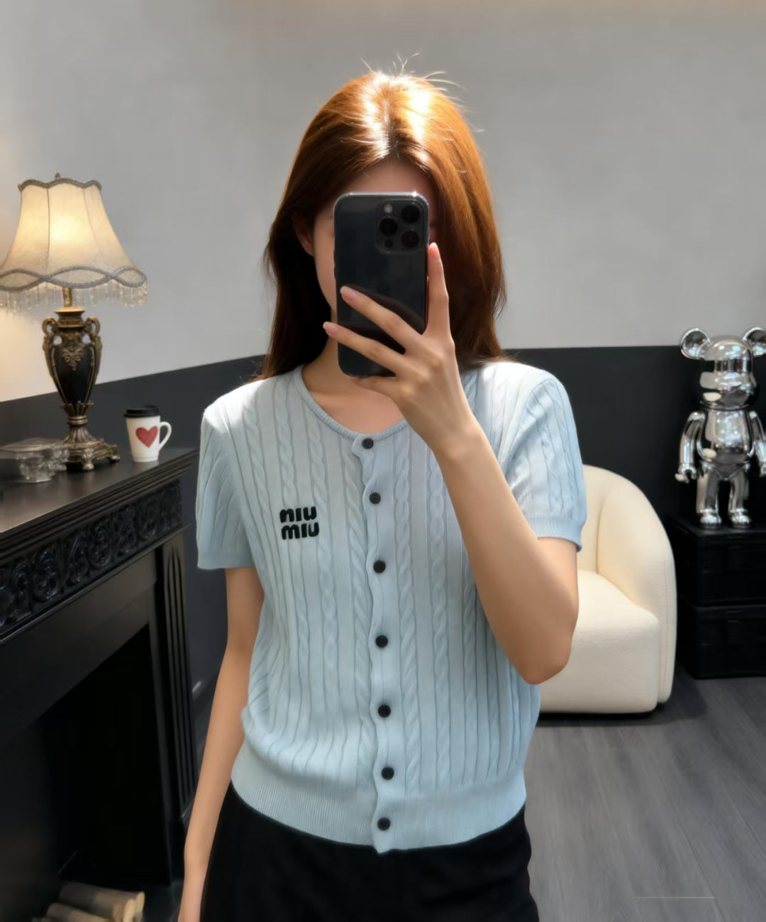 Miumiu 2026 Knit Short-sleeved Cardigan White and Blue Wool