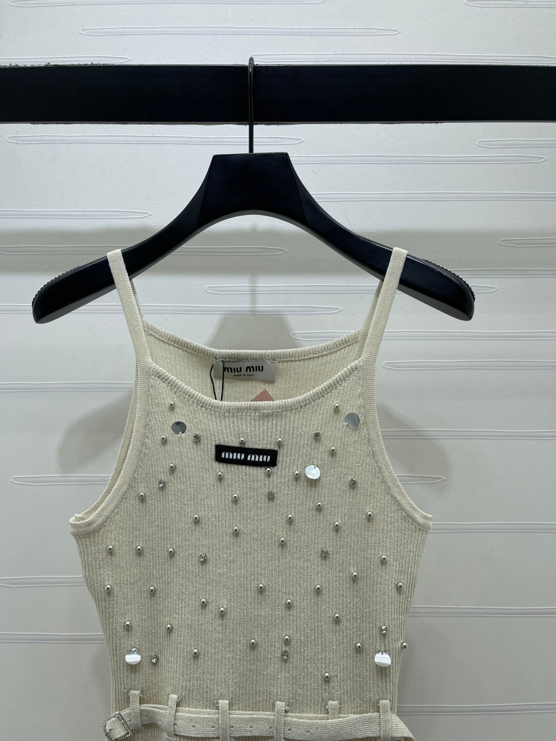 Miumiu 2026 Knit Top With Crystal Details And Belted Waist Wool