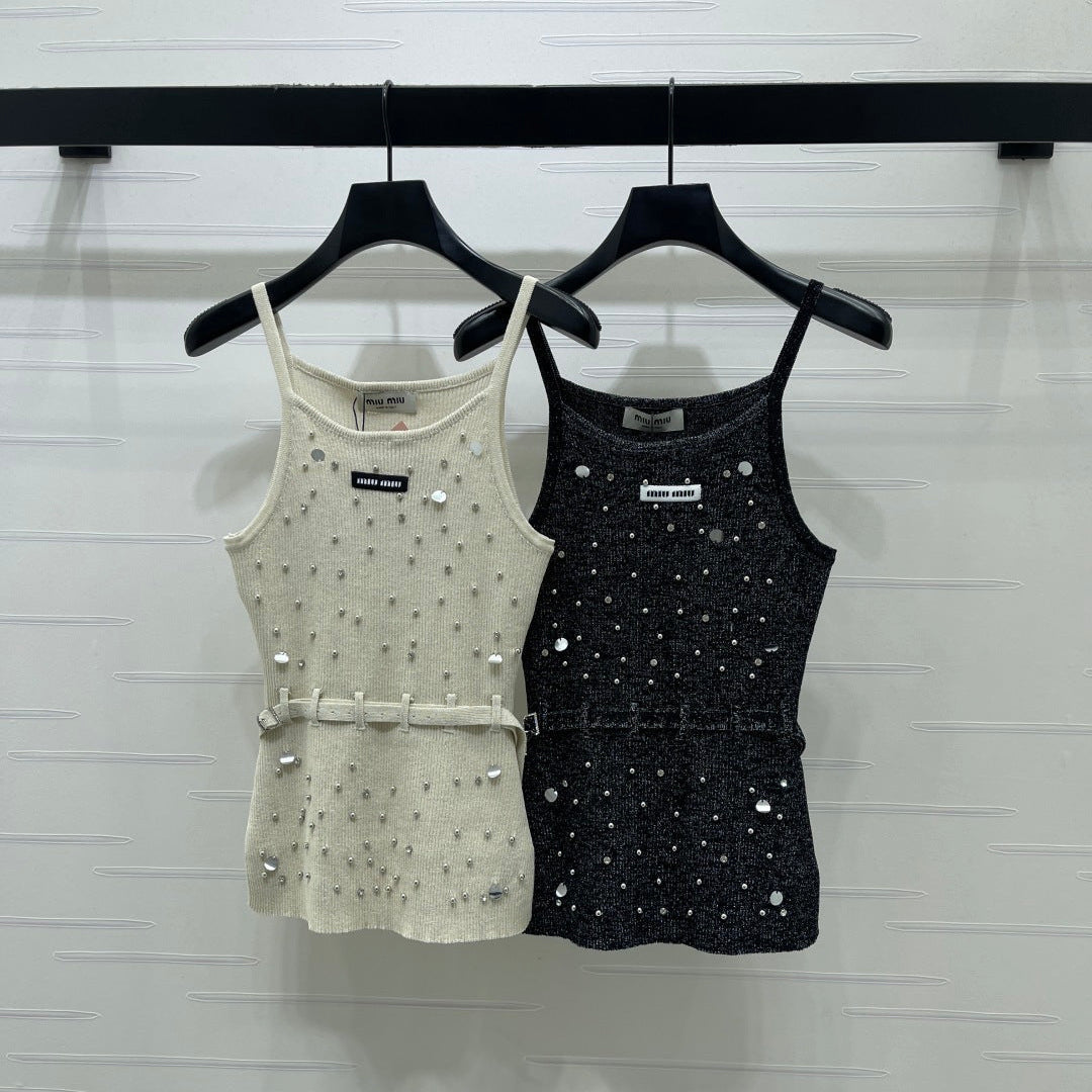 Miumiu 2026 Knit Top With Crystal Details And Belted Waist Wool