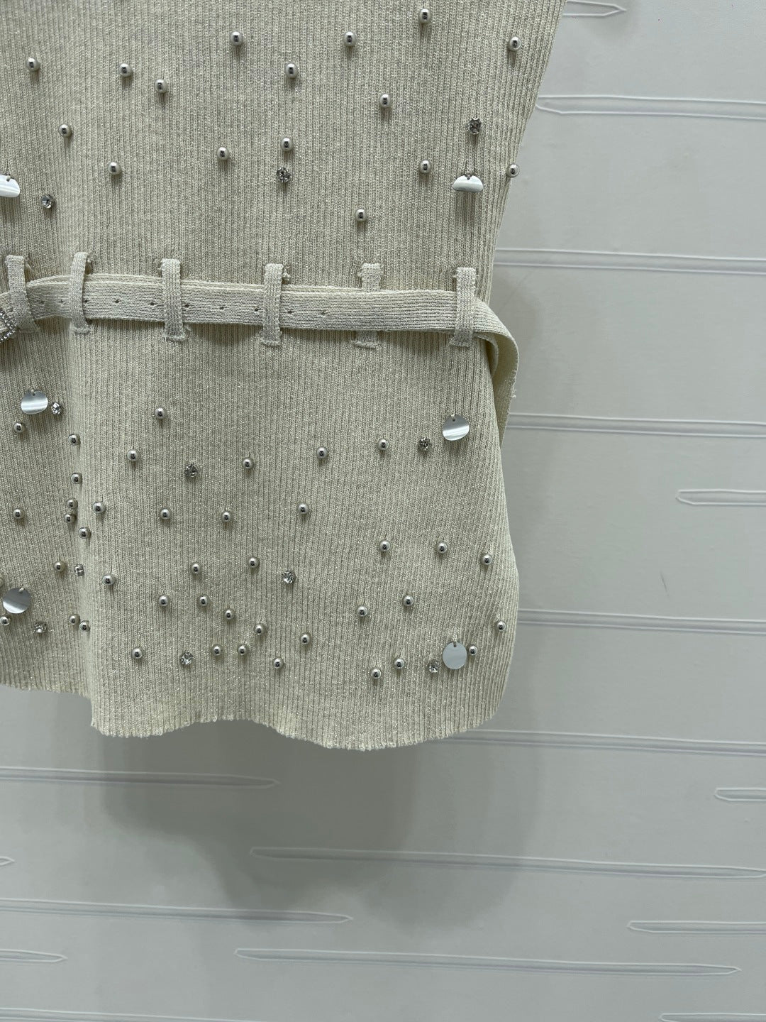 Miumiu 2026 Knit Top With Crystal Details And Belted Waist Wool