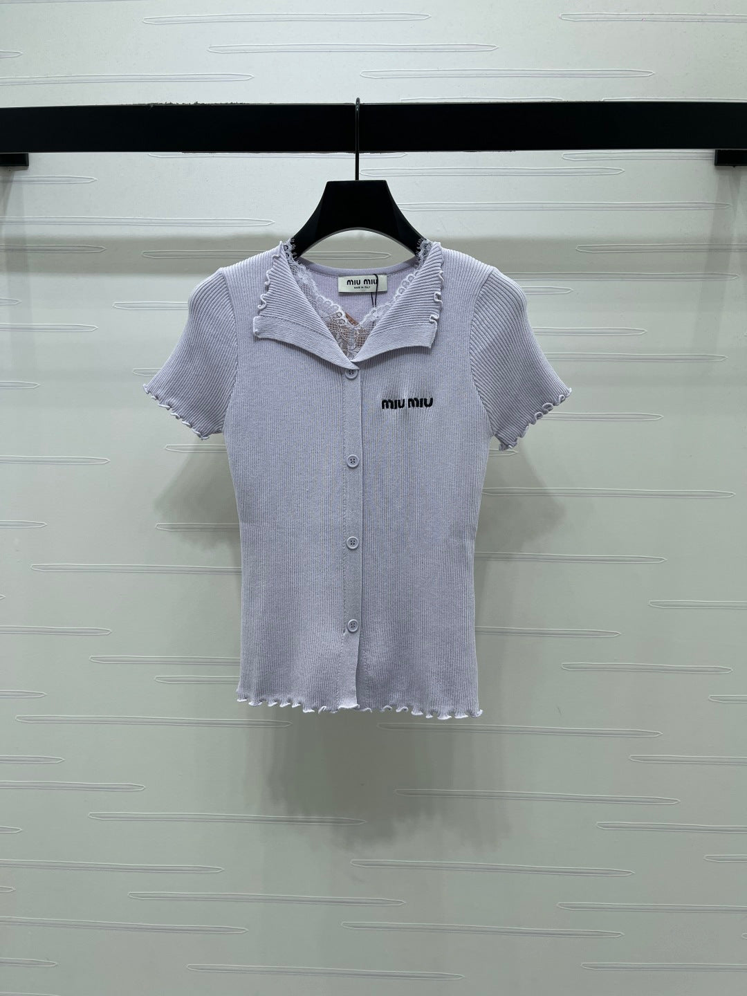 Miumiu 2026 Lace Collar T-shirt Cream and Purple Wool
