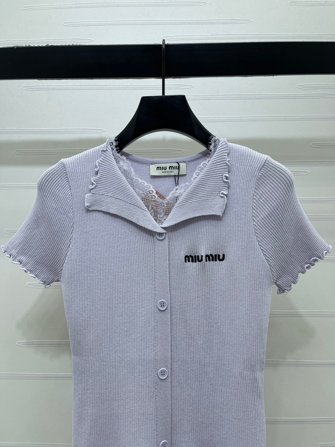 Miumiu 2026 Lace Collar T-shirt Cream and Purple Wool