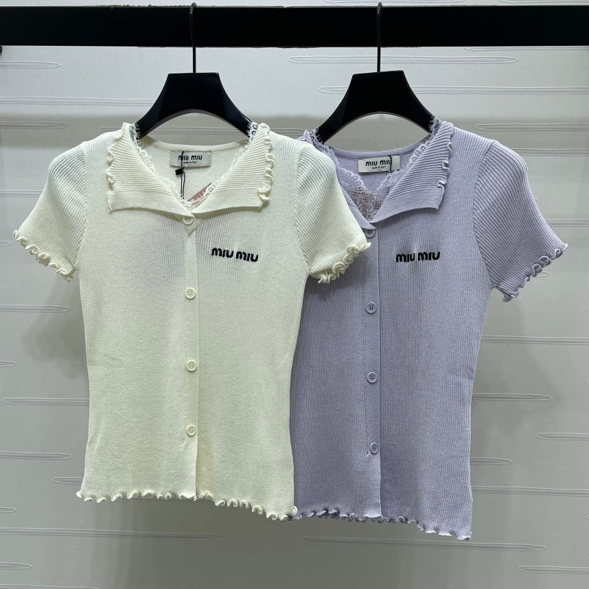 Miumiu 2026 Lace Collar T-shirt Cream and Purple Wool