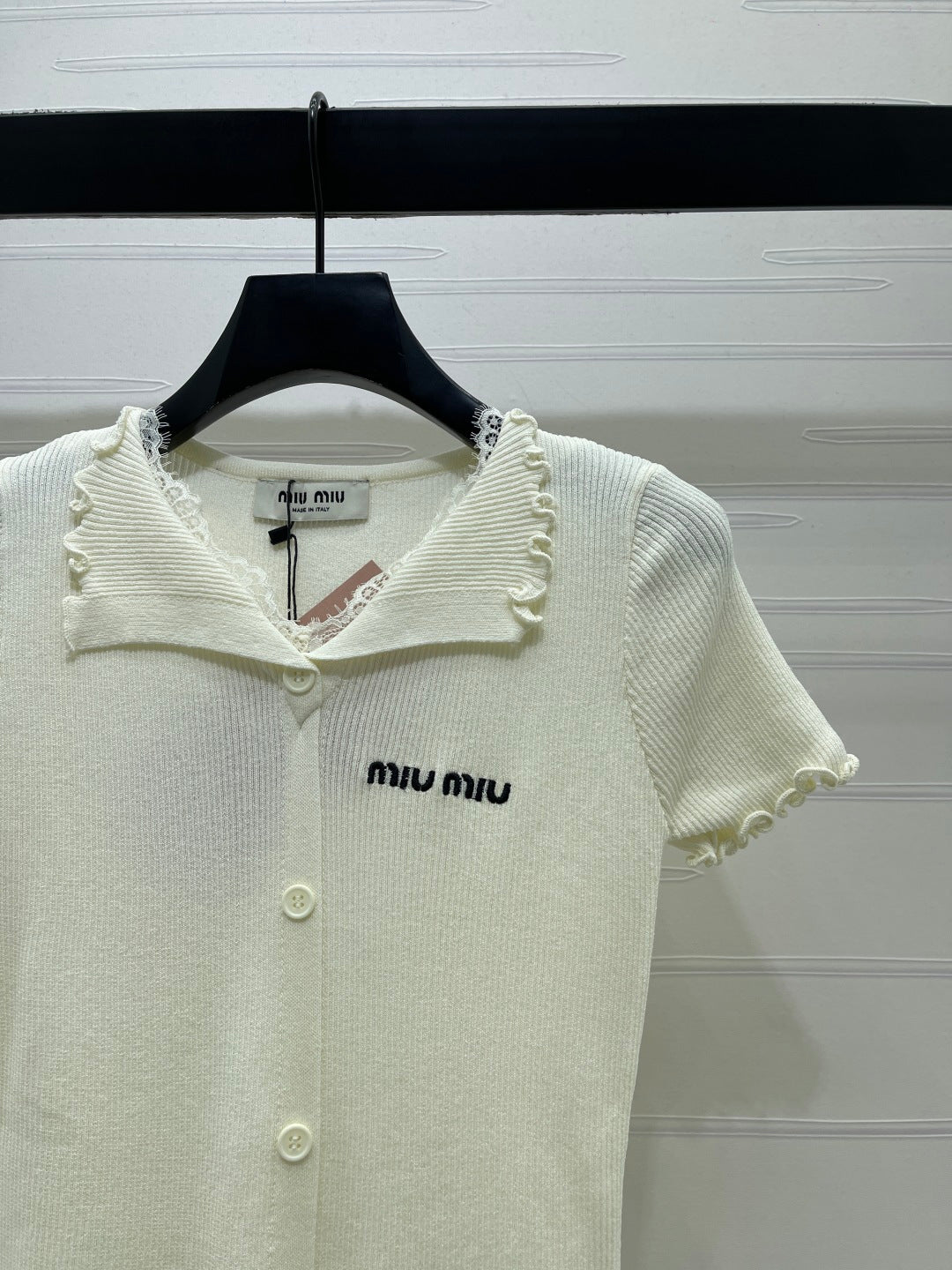 Miumiu 2026 Lace Collar T-shirt Cream and Purple Wool