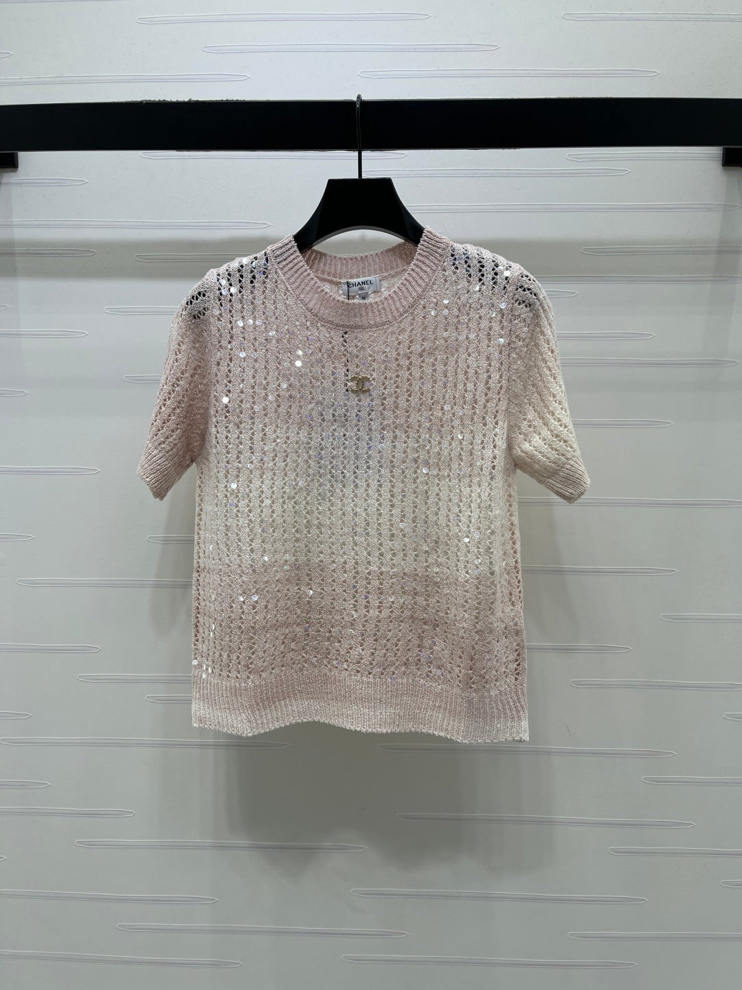 Chanel 2026 Short-sleeve Openwork Knit Sweater Blue and Pink Wool Polyester