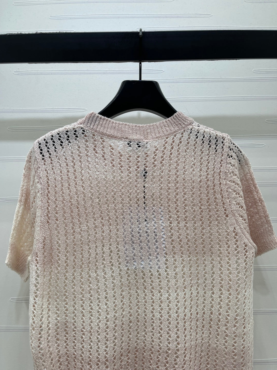 Chanel 2026 Short-sleeve Openwork Knit Sweater Blue and Pink Wool Polyester
