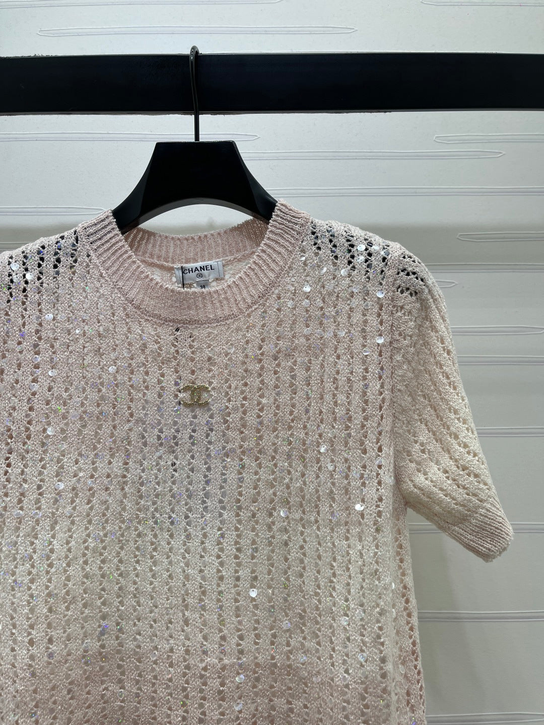 Chanel 2026 Short-sleeve Openwork Knit Sweater Blue and Pink Wool Polyester