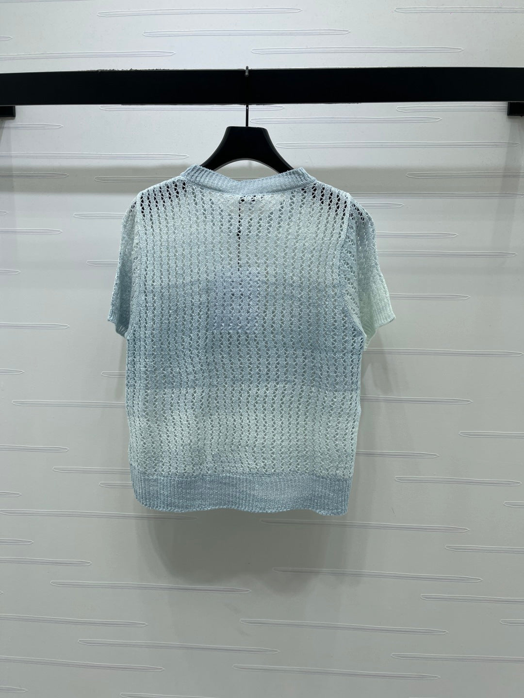 Chanel 2026 Short-sleeve Openwork Knit Sweater Blue and Pink Wool Polyester