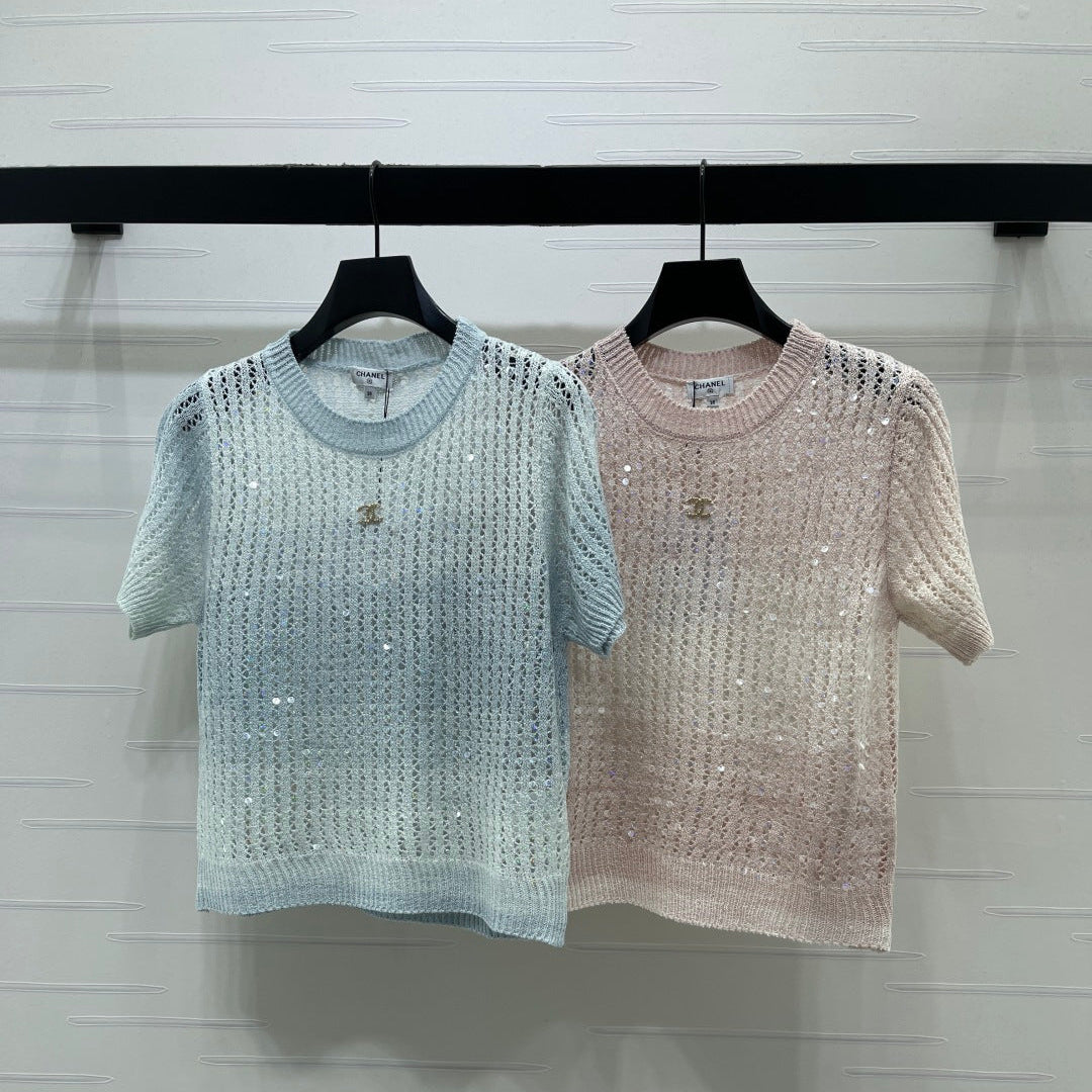 Chanel 2026 Short-sleeve Openwork Knit Sweater Blue and Pink Wool Polyester