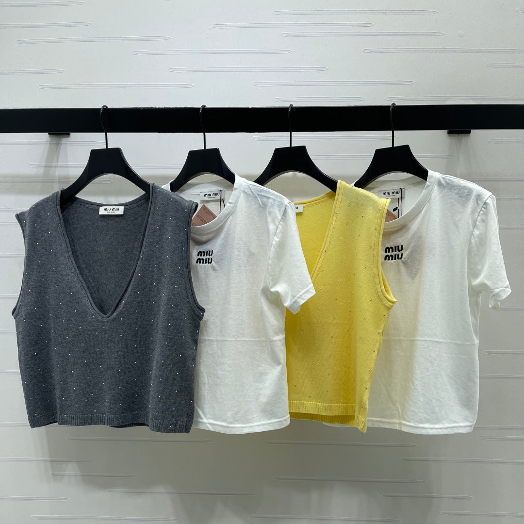 Miumiu 2026 V-neck Knitted Vest And  T-shirt Polyamide Wool