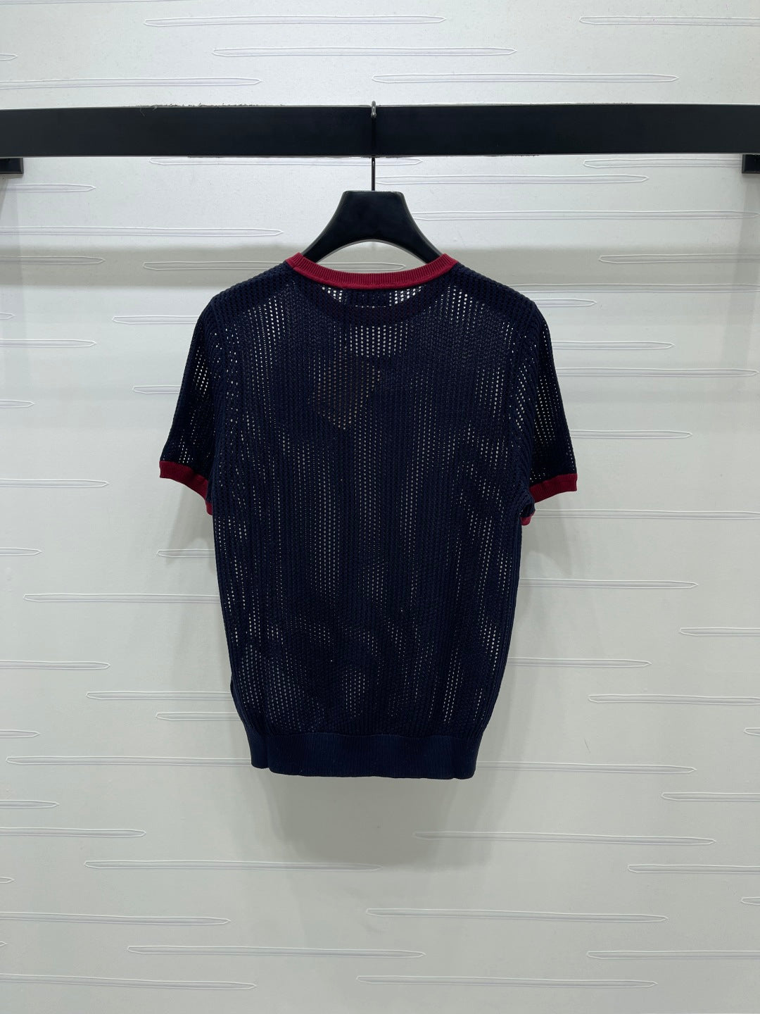 Miumiu 2026 Crochet-knit Crew-neck T-shirt White and Navy Blue Tencel