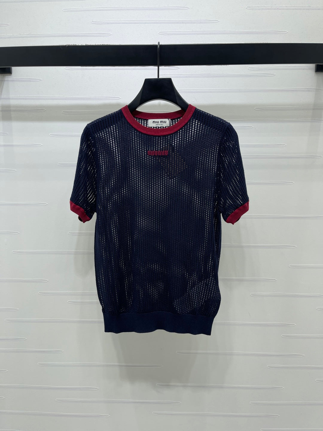 Miumiu 2026 Crochet-knit Crew-neck T-shirt White and Navy Blue Tencel