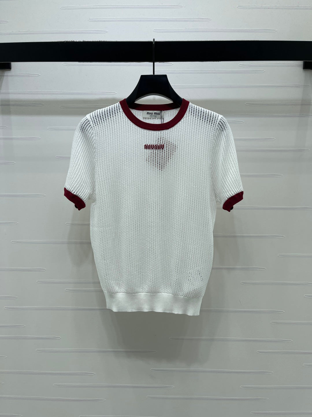 Miumiu 2026 Crochet-knit Crew-neck T-shirt White and Navy Blue Tencel