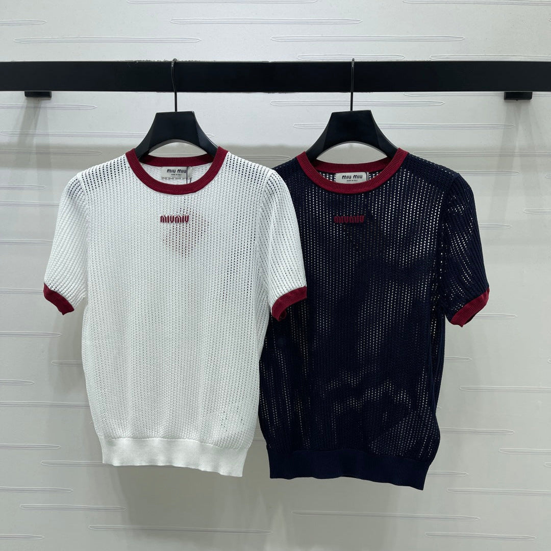 Miumiu 2026 Crochet-knit Crew-neck T-shirt White and Navy Blue Tencel