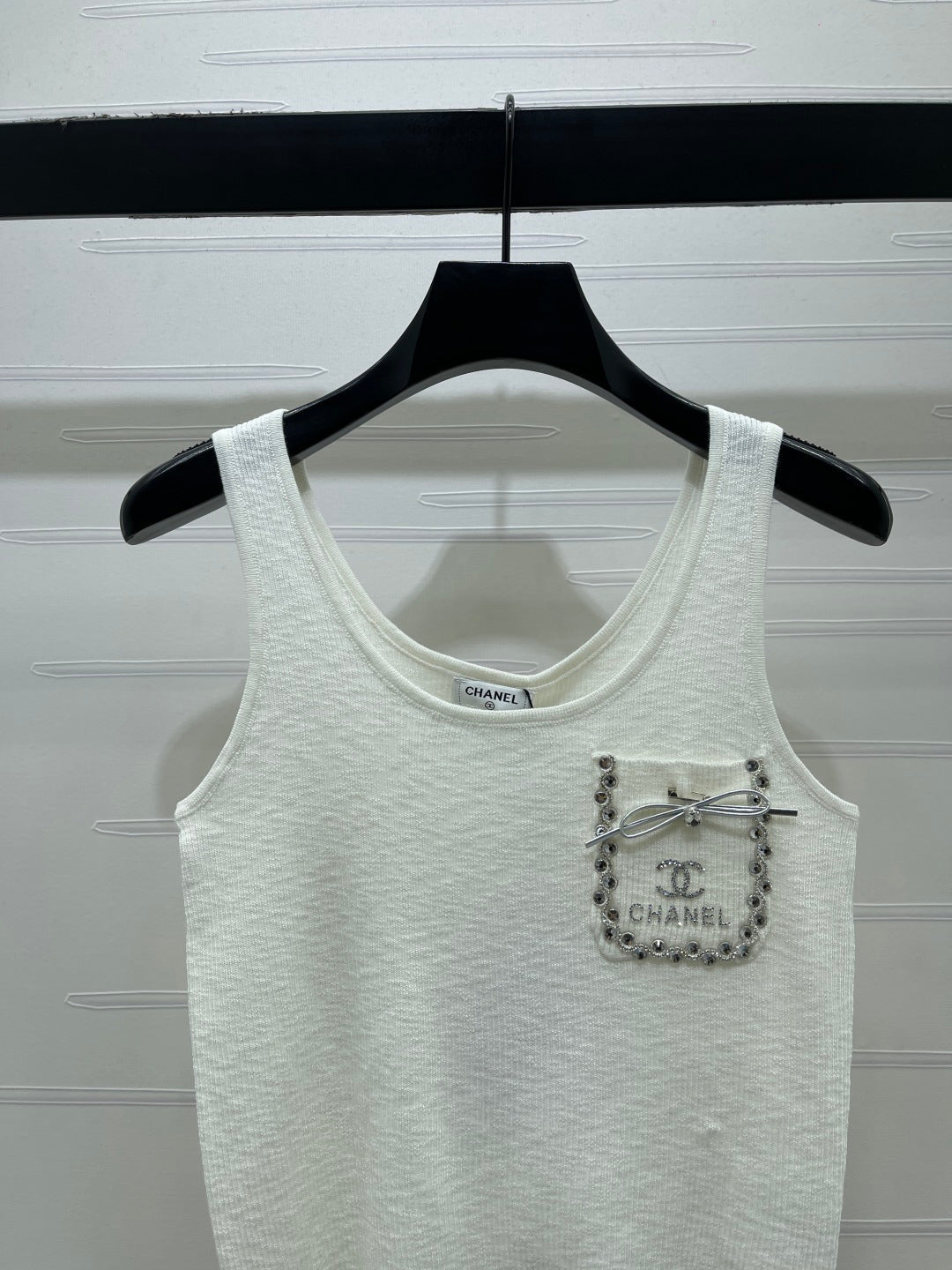 Chanel 2026 Rhinestone Pocket Vest Black and White Tencel Wool 359824