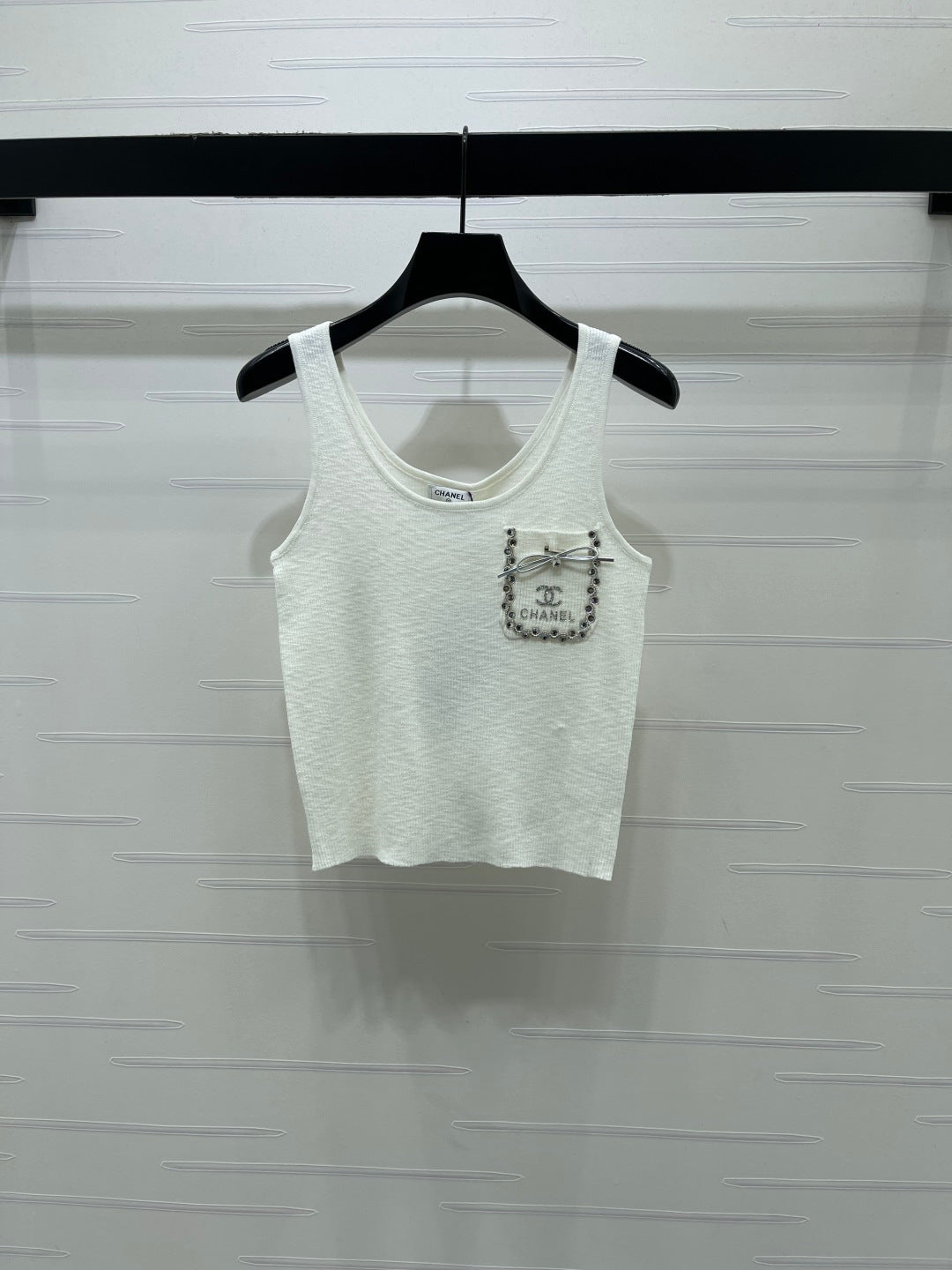 Chanel 2026 Rhinestone Pocket Vest Black and White Tencel Wool 359824