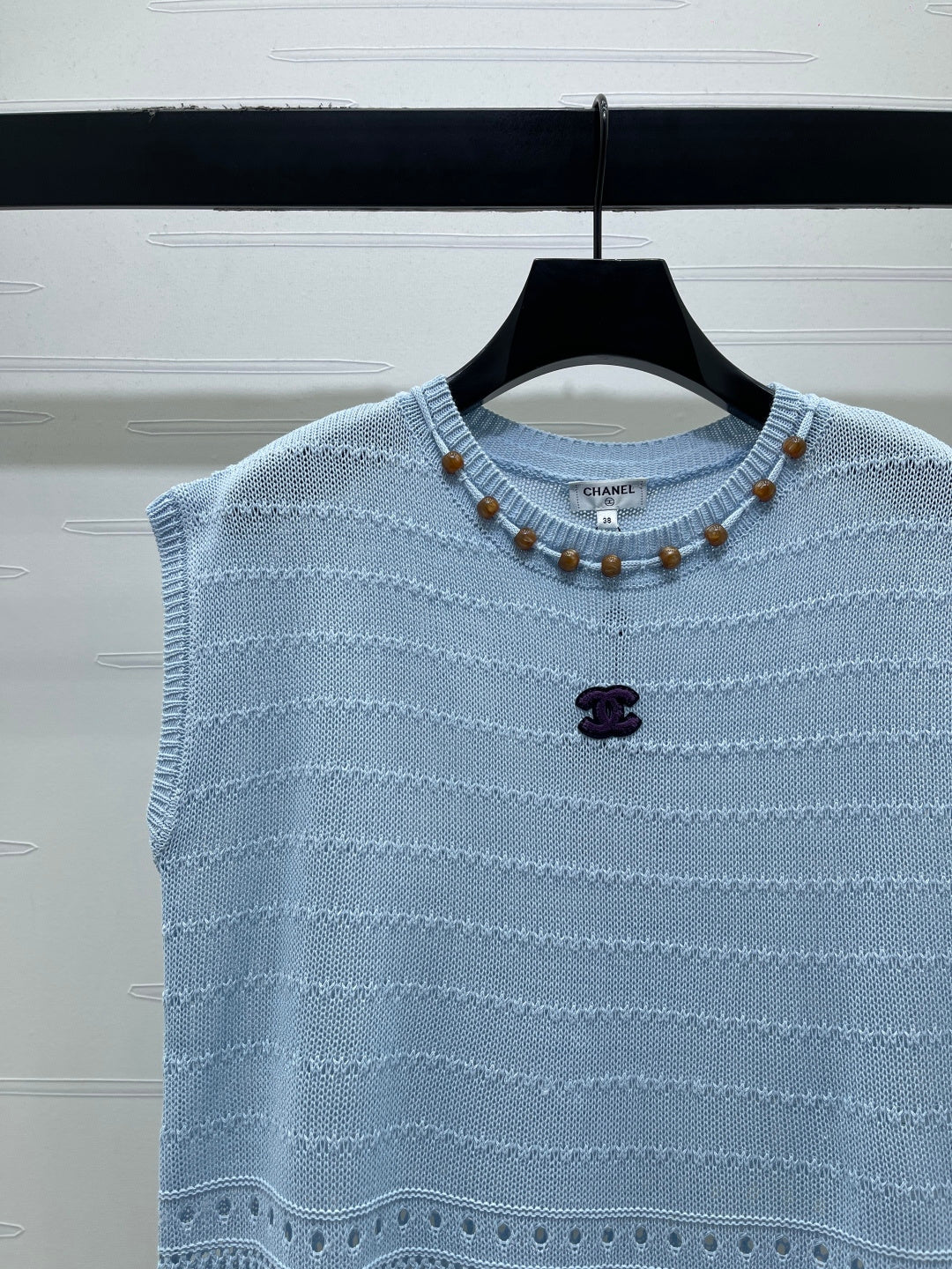 Chanel 2026 Hollow-out Knit Sleeveless Vest Blue and White Cotton 359840