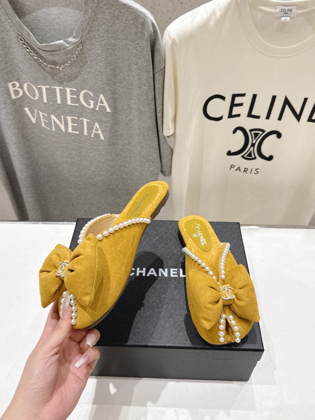 Chanel 2026  Pearl Bow Flat Slipper Suede Sheepskin 713038