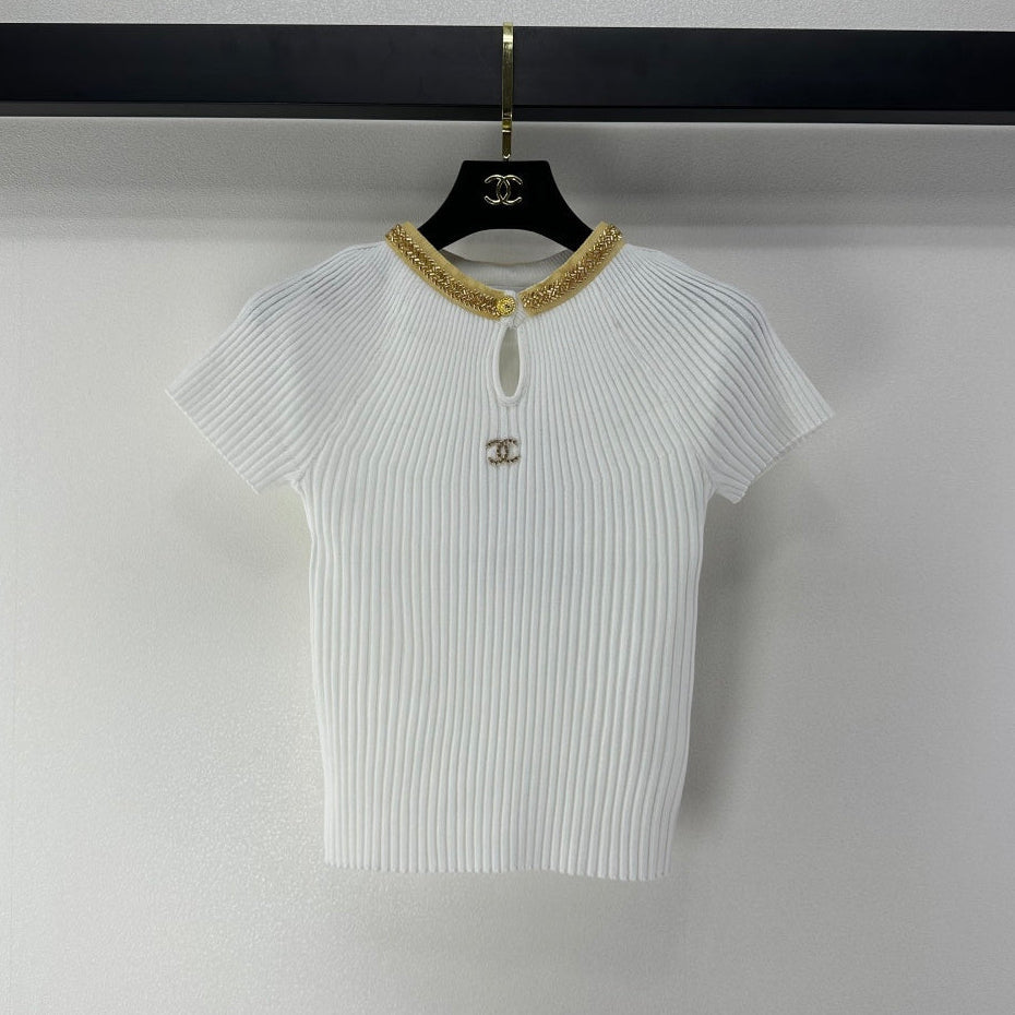 Chanel 2026 Beaded Knit Short-sleeved Top Viscose Nylon 365984
