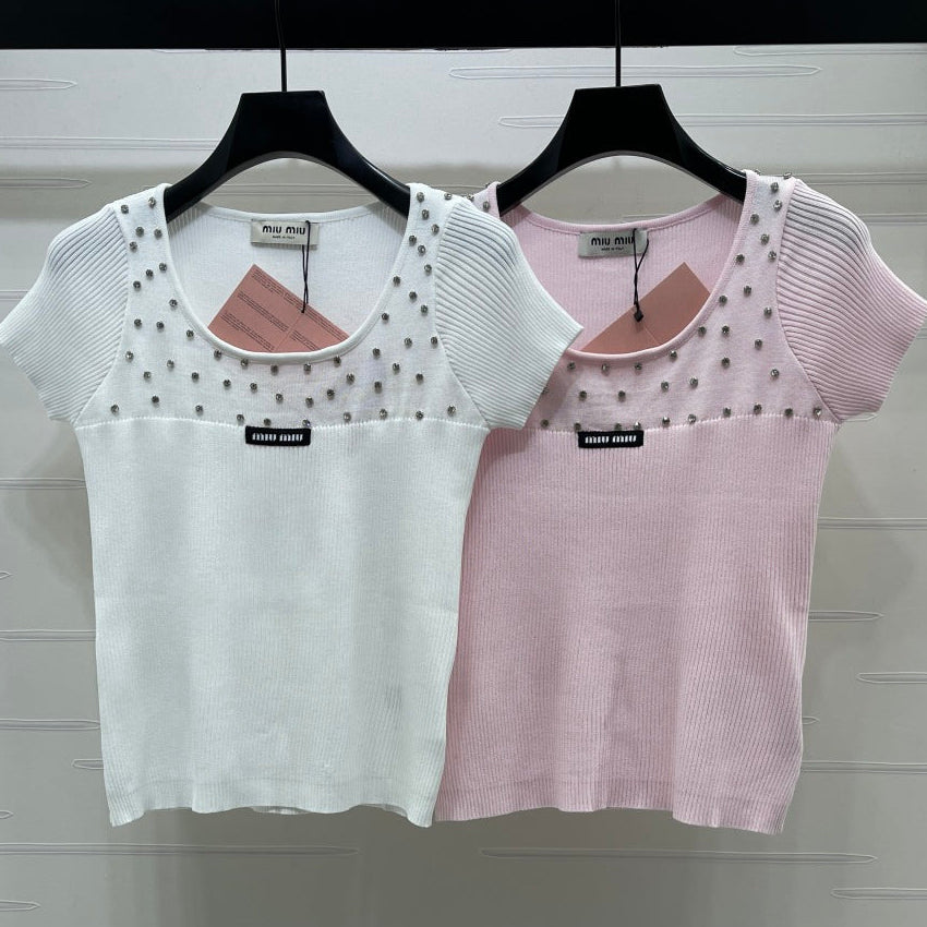 Miumiu 2026 U-neck Knit Short-sleeved Top Wool 355613