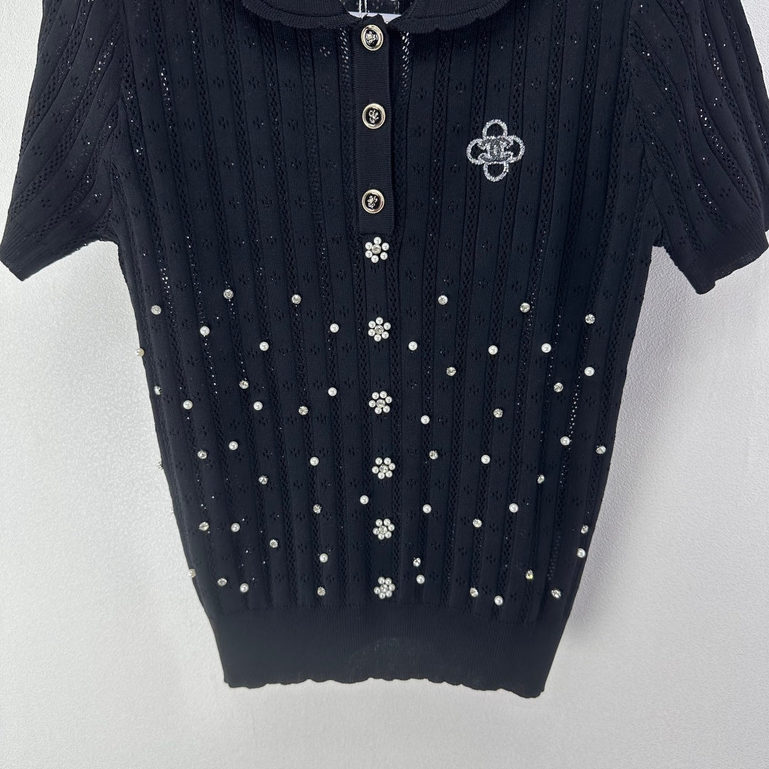 Chanel 2026 Beaded Knit Short-sleeved Top Wool Nylon 368304