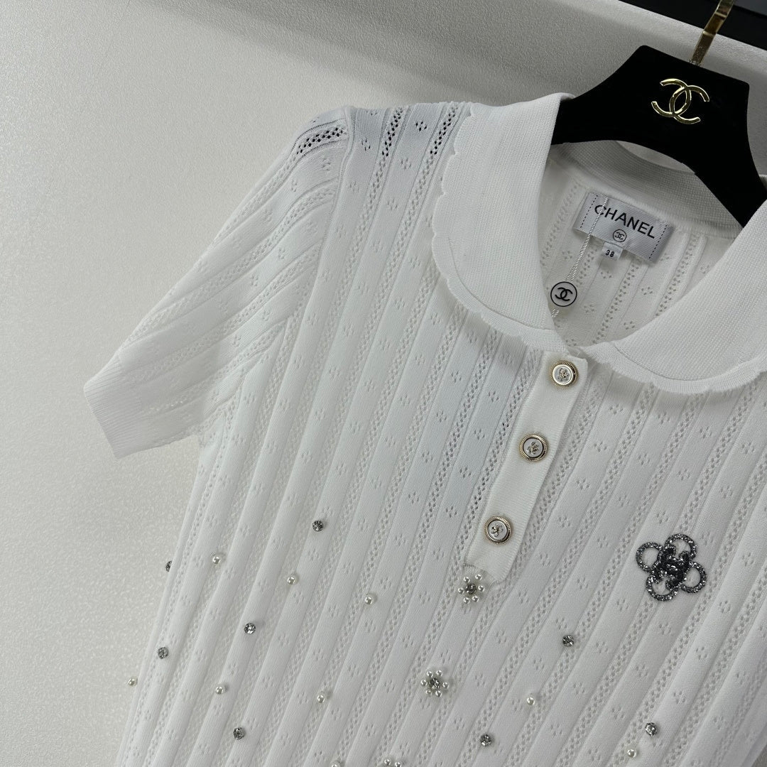 Chanel 2026 Beaded Knit Short-sleeved Top Wool Nylon 368304