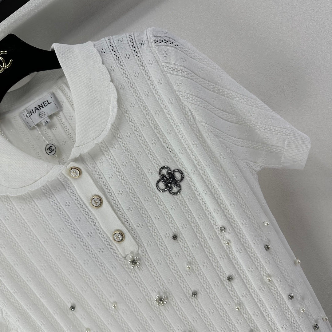 Chanel 2026 Beaded Knit Short-sleeved Top Wool Nylon 368304