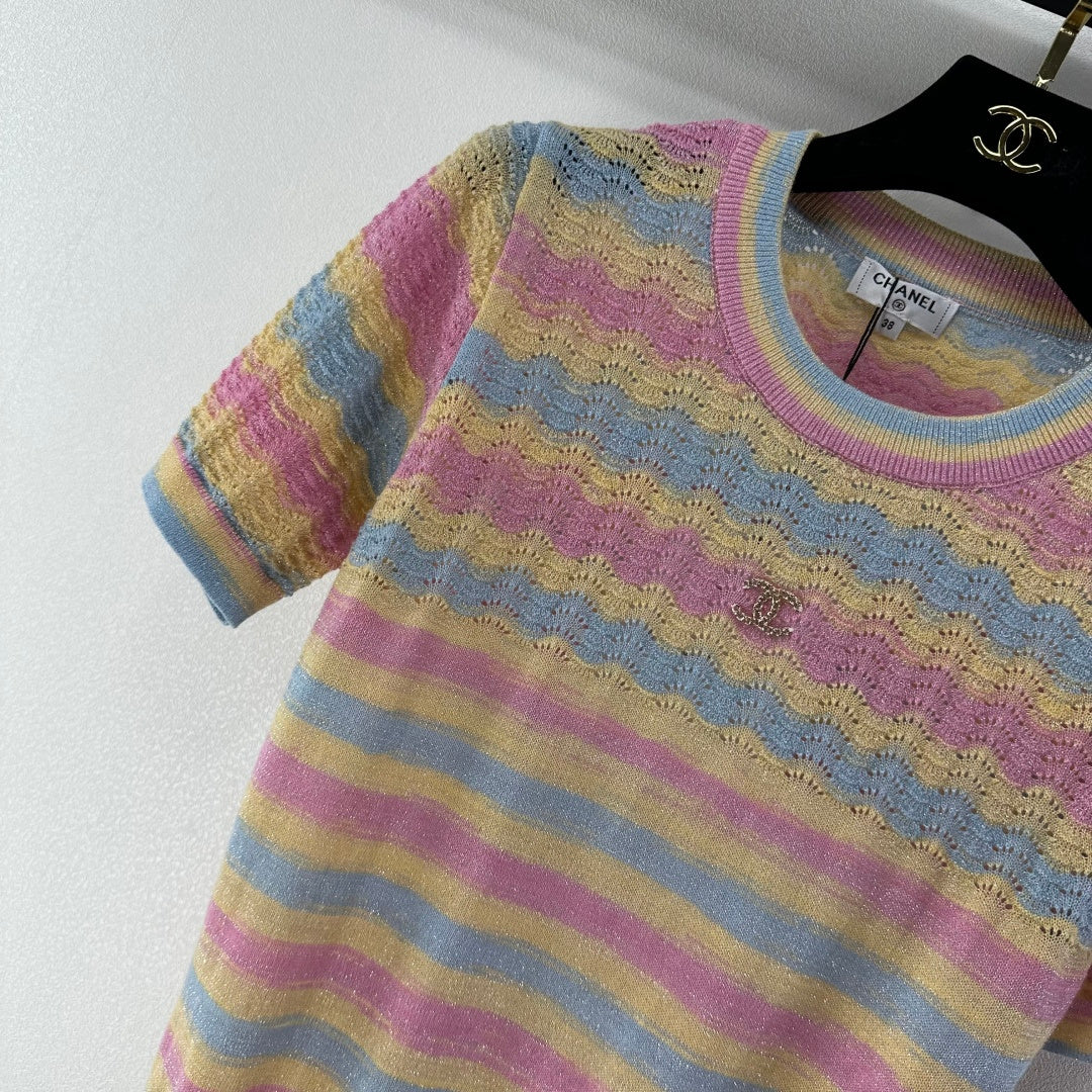 Chanel 2026 Striped Knit Short-sleeved Top Wool Cashmere 368456