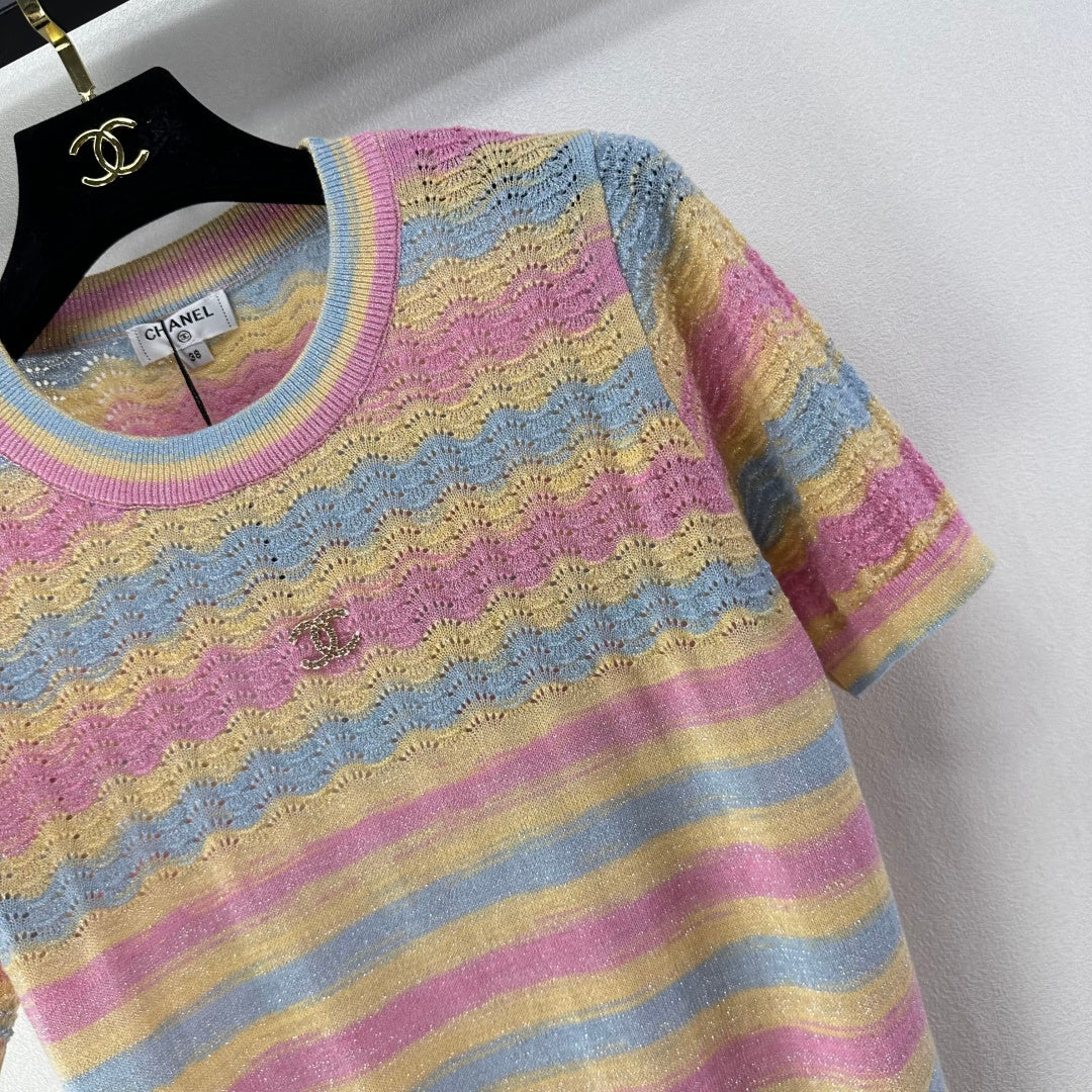 Chanel 2026 Striped Knit Short-sleeved Top Wool Cashmere 368456